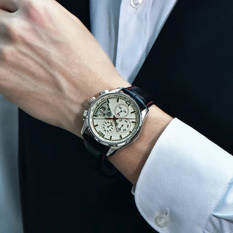 Leather Military Chronograph Watch — Black | KIMLUD