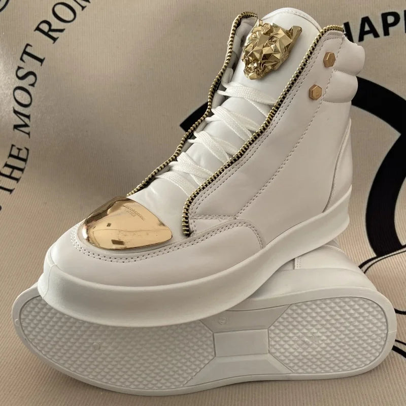 Artificial Leather Sneakers Lion Head Crest Embellishment Patchwork Texture — Crimson Red | KIMLUD