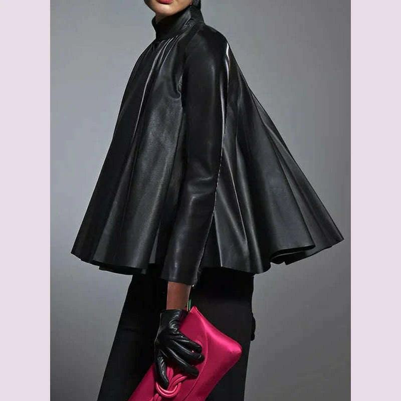 yeezzi-womens-black-faux-leather-stand-collar-tops-2025-new-long-sleeve-fashion-big-hemline-solid-color-pleated-a-line-blouse-kimlud-kimlud-33912216
