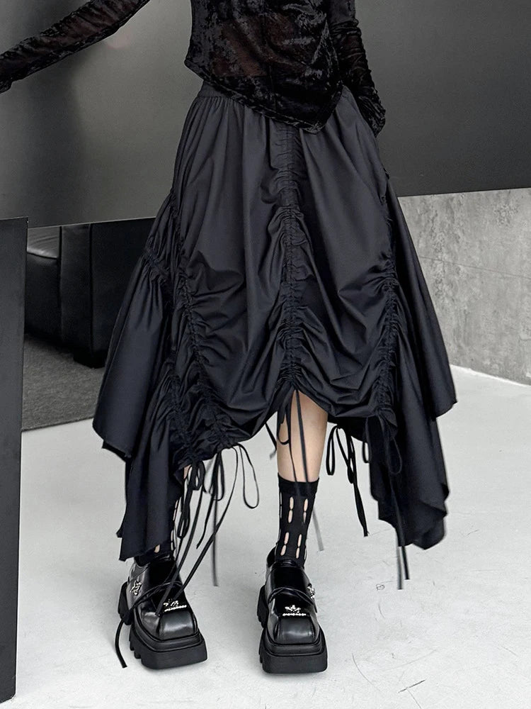 Skirt – Drawstring Waist – Irregular Hem – Cotton – Black | KIMLUD