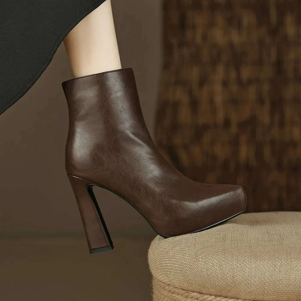 KIMLUD, MILI-MIYA New Arrival Middle Splicing Women Cow Leather Ankle Boots Pointed Toe Thick Heels Zippers Solid Color Handmade, KIMLUD Womens Clothes