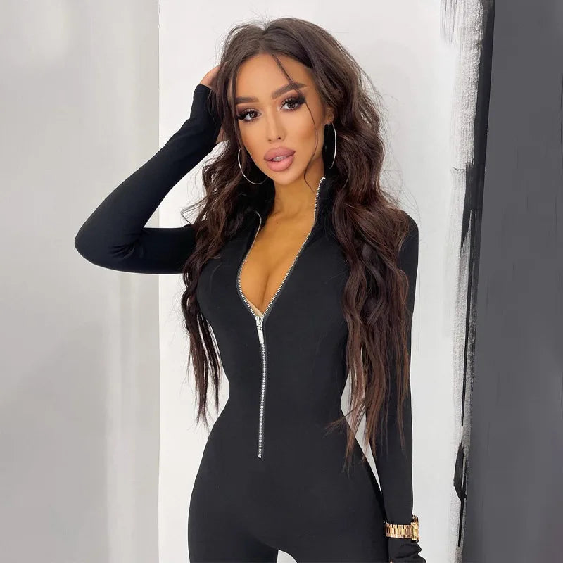 Jumpsuit – Y2K Half Zip High Neck – Polyester Cotton – Bodycon | KIMLUD