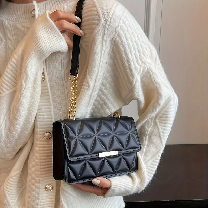 PU Leather Shoulder Bag Quilted Chain Small Square — Black | KIMLUD