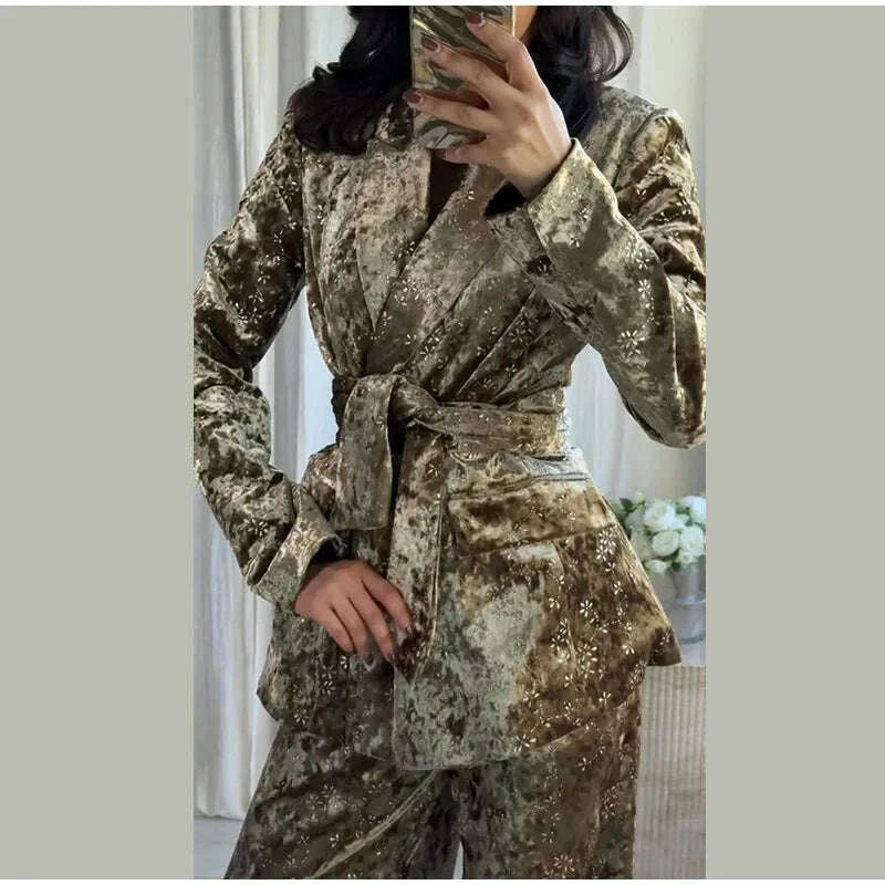 KIMLUD, Fashion Velvet Print Lapel Belt Suit Pant Set Women Solid Lace Up Full Sleeve Blazer Wide Leg Cuffed Pants 2025 Autumn Lady Sets, KIMLUD Womens Clothes