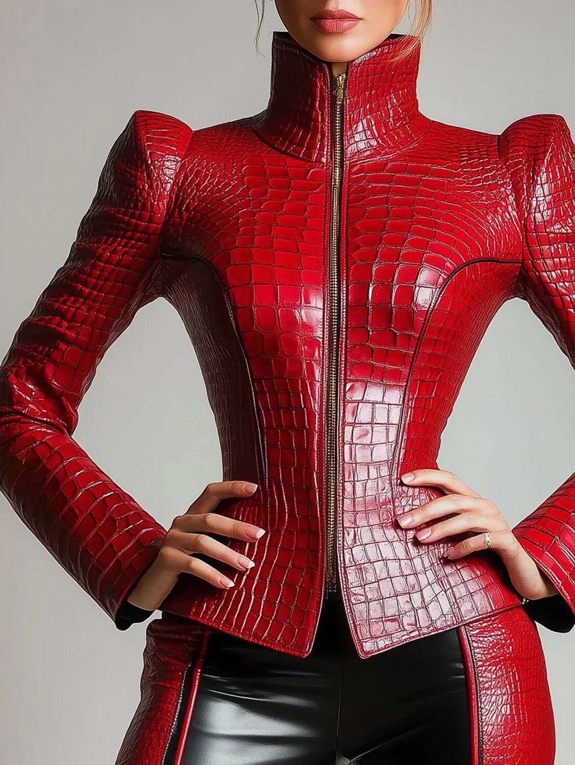 PU Leather Alligator Pattern Long Sleeve Zipper Jacket Turtleneck Slim Puff Sleeve High Street Gothic Vintage Outerwear Coat