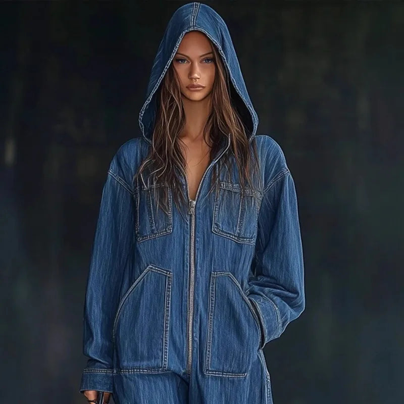 Autumn Winter Hooded Jumpsuits for Women Hoodie Long Sleeve Zip Loose Pocket Wide Leg Trousers One Piece Romper Vintage Outfits