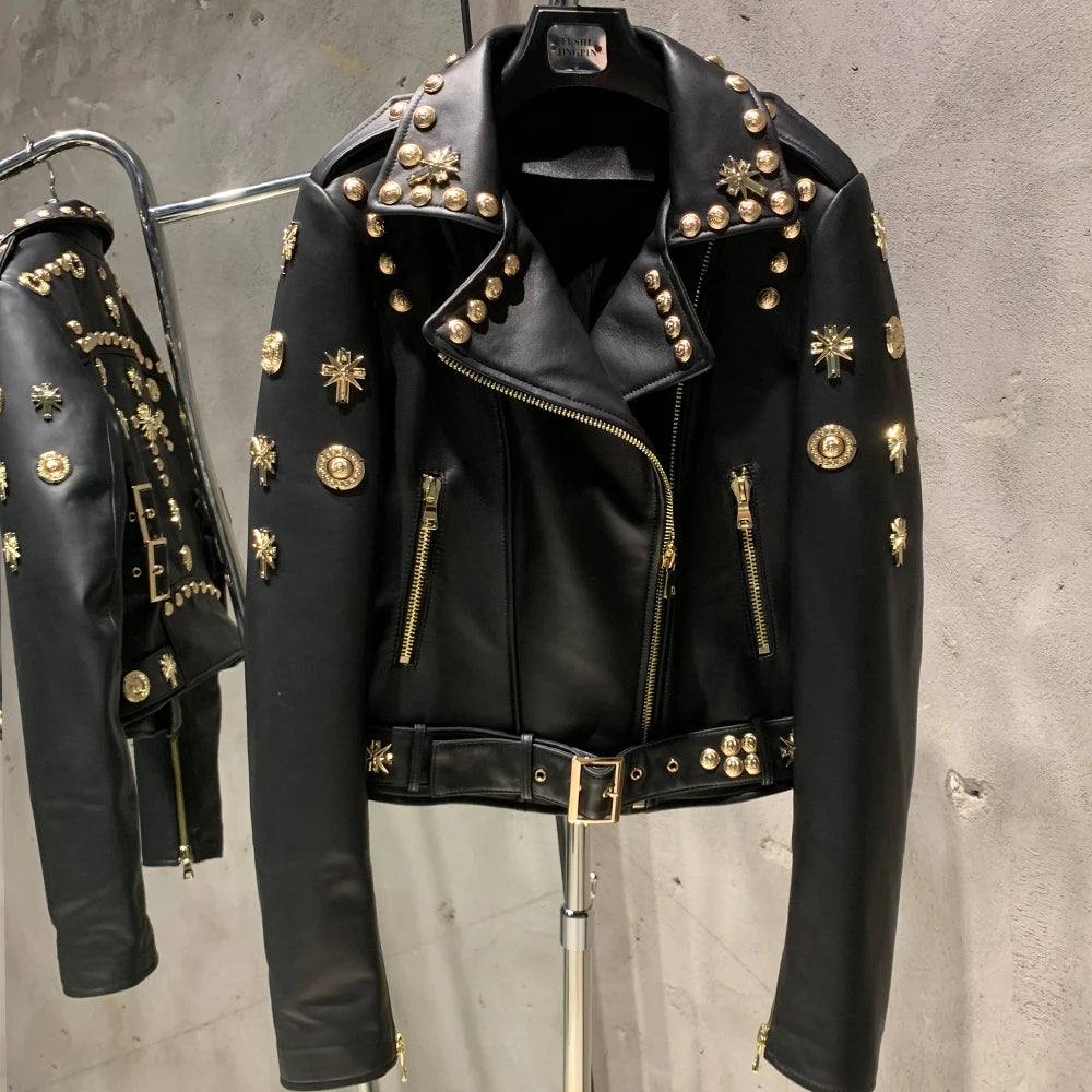 Genuine Sheepskin Leather Jacket Rivet — Black | KIMLUD