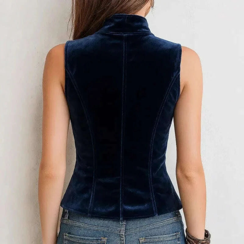 KIMLUD, Fall Winter Solid Velvet Women's Vest Jacket Elegant V Neck Double Breasted Top Cardigan Sleeveless Slim Vintage Outerwear Coats, KIMLUD Womens Clothes
