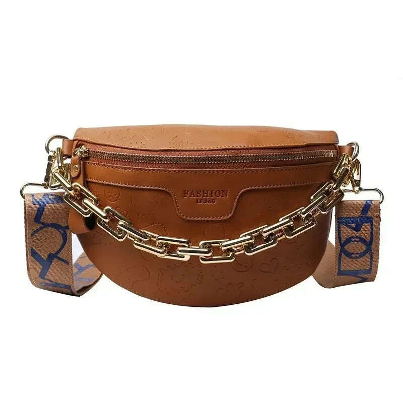 KIMLUD, Cartoon Pattern empaistic PU Leather Fanny Pack For Women Luxury Chain Waist Bag Female Cute Waist Pack Wide Strap Crossbody Bag, KIMLUD Womens Clothes