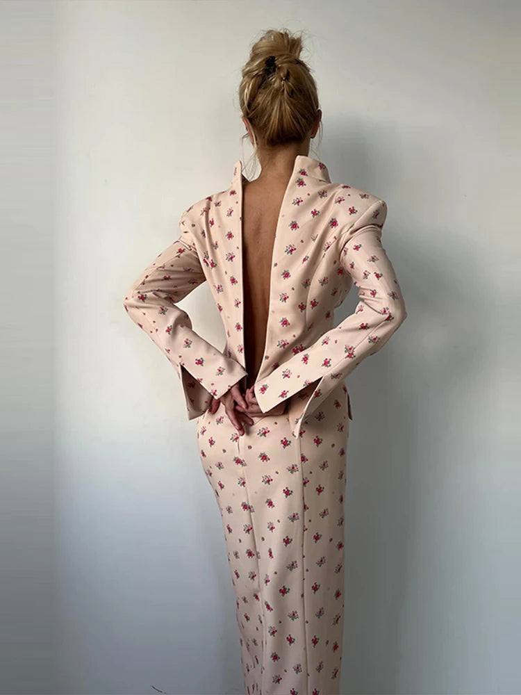 Elegant Cotton Floral Blazer Dress — Blush Pink | KIMLUD