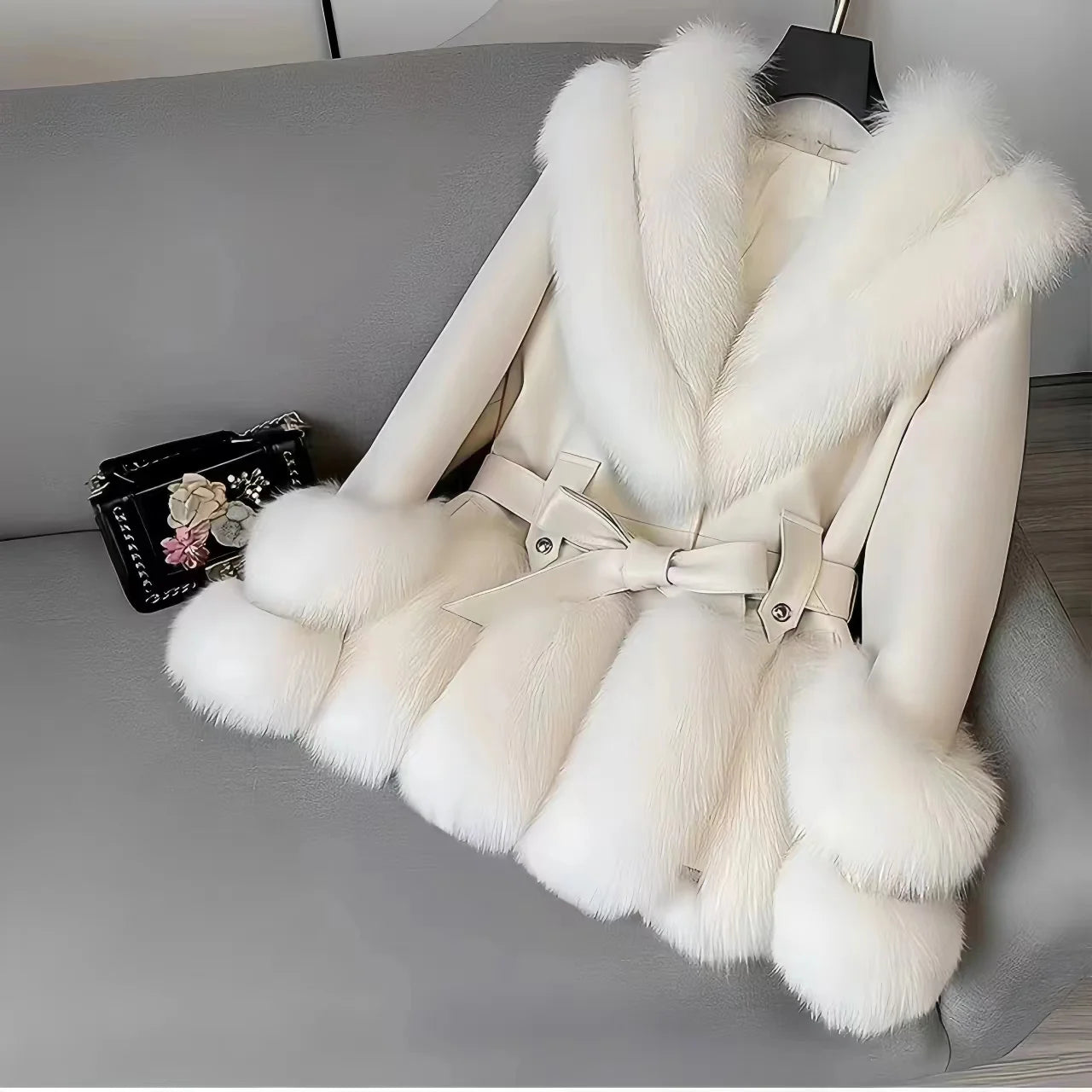 Faux Fur Coat for Women,Adjustable Waist Leather Jacket,Turn-down Collar, Thick Warm Clothes, High Quality, Autumn and Winter