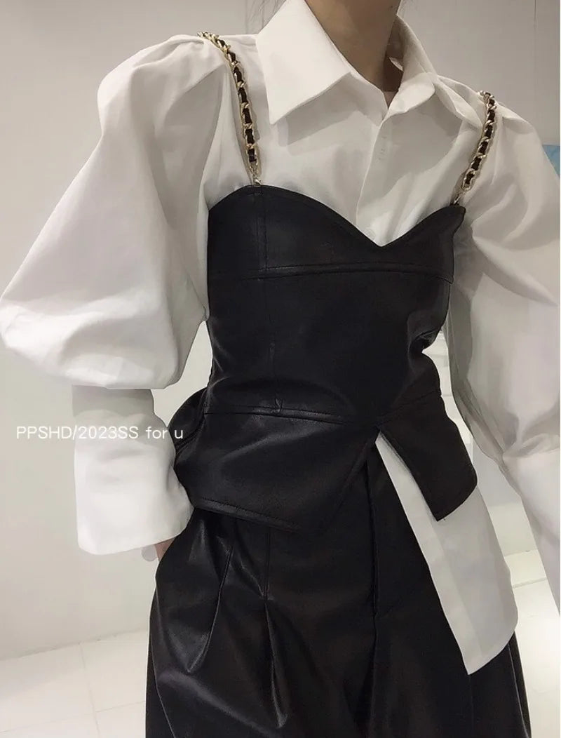 PU Leather Vest Two-Piece Shirt Set With Oversized Bubble Sleeves And Chain Detail — White | KIMLUD