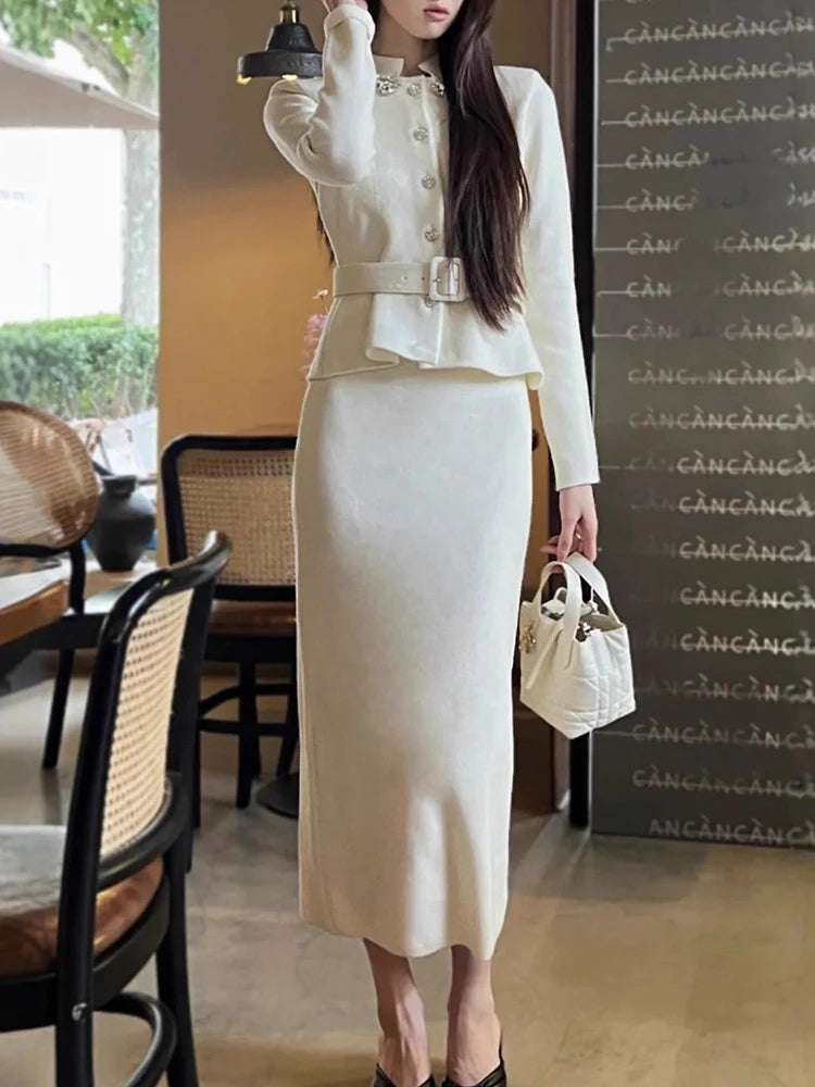White Knit Two-Piece Style Dress with Rhinestone Button Belt Fitted Long-Length Women's Dress 2025 Fall New Arrival