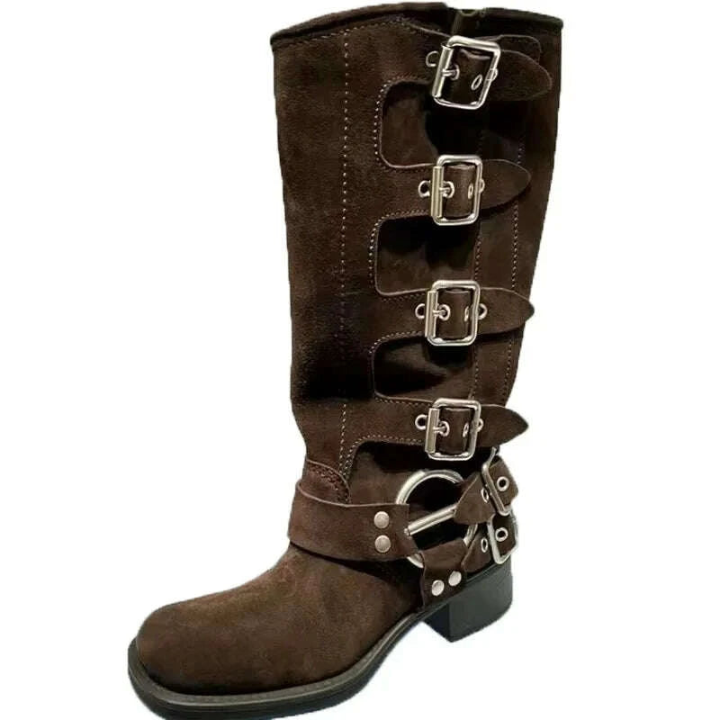 KIMLUD, Punk Woman Clasp Buckle Brown suede Knee Boots Side Metal Buckles Motorcycle Boots Women Square Toe Lady Ridding Boots, KIMLUD Womens Clothes