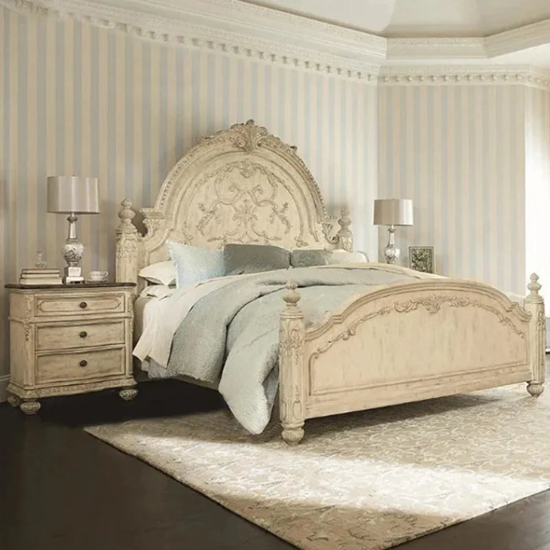 Solid Wood Carved Bed Antique French Style — Ivory | KIMLUD
