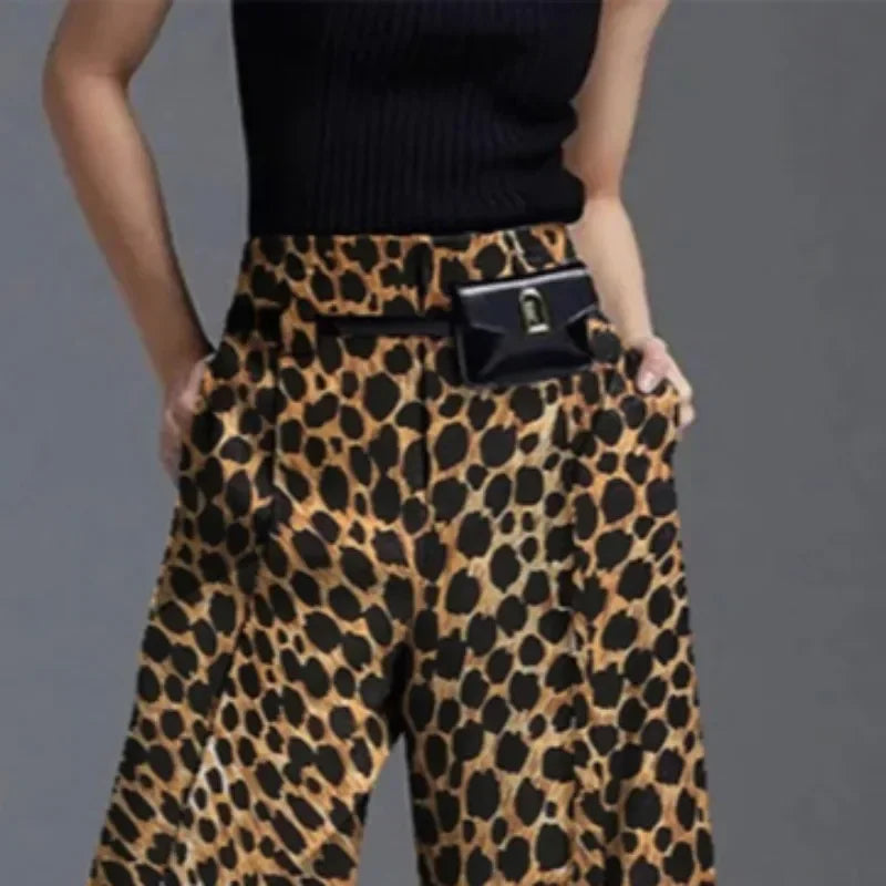 UOOZEE Women High Street Leopard Printed Pants 2025 New Arrivals Casual Loose Split-Front High-Waist Wide Leg Trousers Bottoms