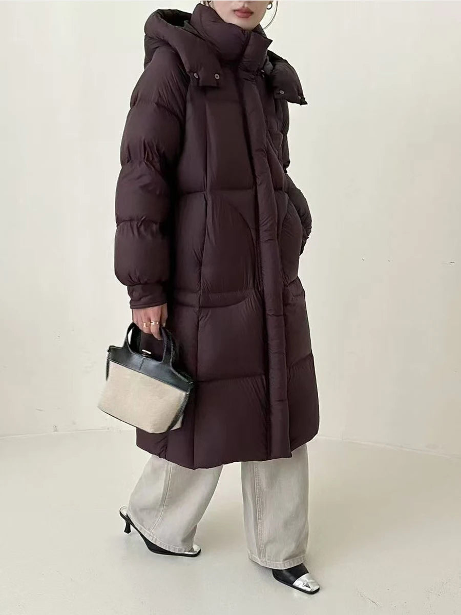 Hirsionsan Winter Long Solid Hooded Puffer Clothing Women Loose Casual White Duck Down Jackets Retro Streetwear Simple Warm Coat