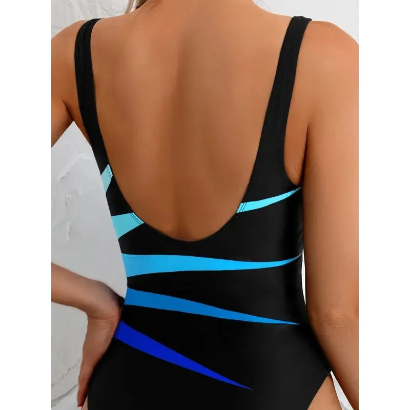 Backless Triangle One Piece Striped Swimsuit — Black | KIMLUD