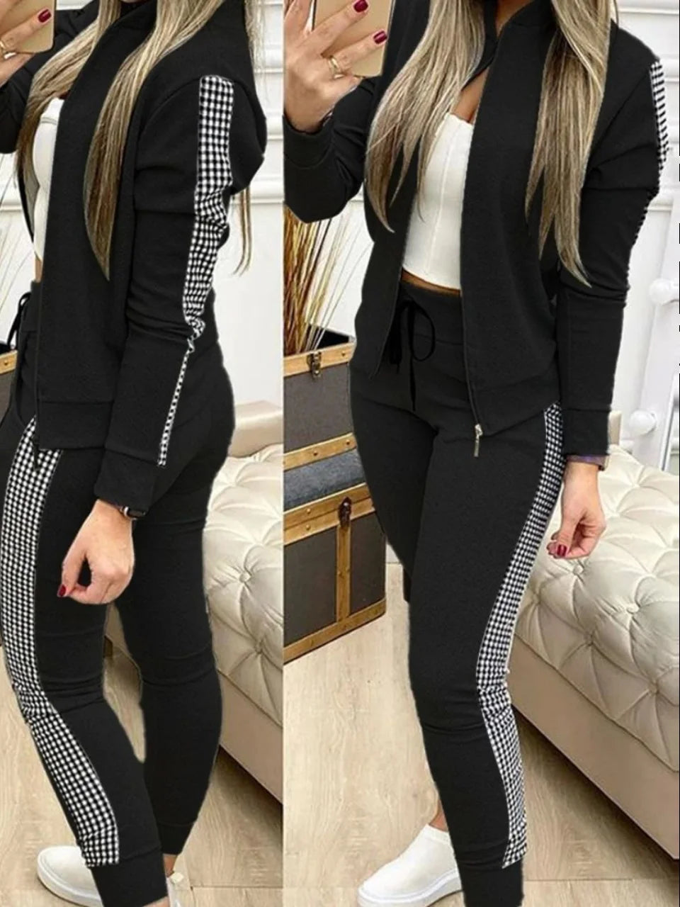Sport Plaid Patchwork Long Sve Set Women's Casual Sportswear Polyester Fabric Zipper Closure Long Pants Two-Piece Set