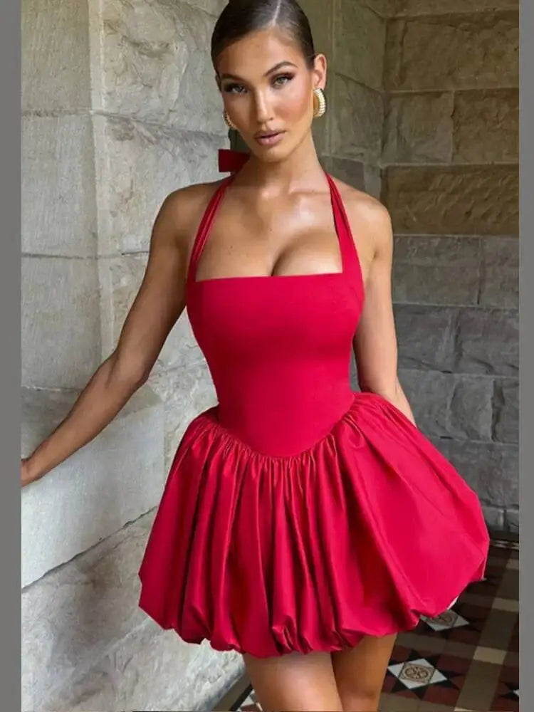Elegant Pink Backless Pleated Lace-Up Halter Mini Dress Women Off Shoulder Sleeve Puff Hem A-Line Dresses Summer Lady Partywear