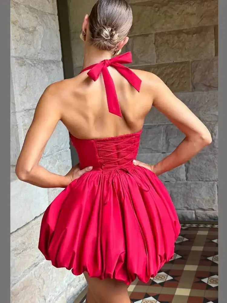 Elegant Pink Backless Pleated Lace-Up Halter Mini Dress Women Off Shoulder Sleeve Puff Hem A-Line Dresses Summer Lady Partywear