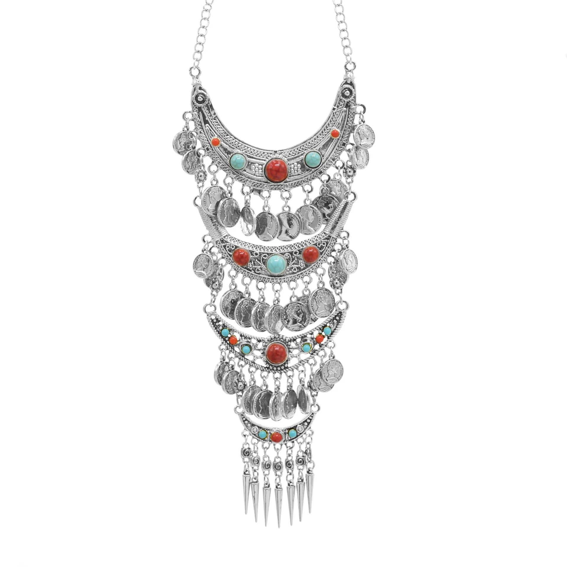 Gypsy Boehmian Hippie Collar Necklaces for Women Big Chunky Tibetan Silver Metal Necklace Festival Turkish Party Jewelry Gift