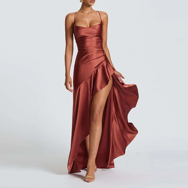 Banquet Luxury Irregular Solid Prom Gown Temperament High Waist Sleeveless Satin Dress Sexy Off Shoulder Slim Halter Long Robes