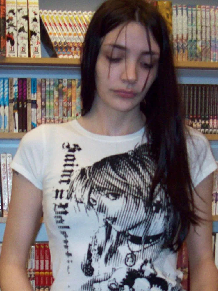 Women's Y2K Anime Streetwear O-Neck 90s Text Print Top Harajuku Vintage Crop Tee Aesthetic Emo Casual T-Shirt