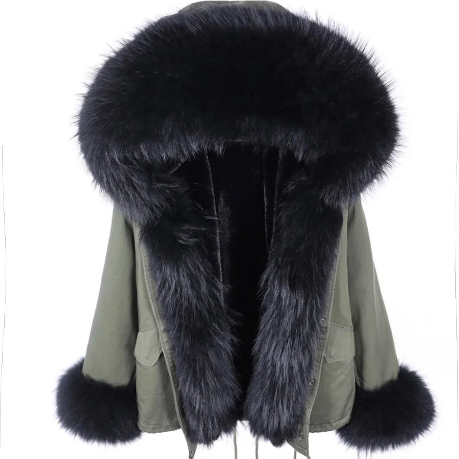 MAOMAOKONG Winter Clothes Women Natural Fur Coat Real Raccoon Fur Collar Parkas Remove Faux Fur Lining Warm Thick Short Jacket