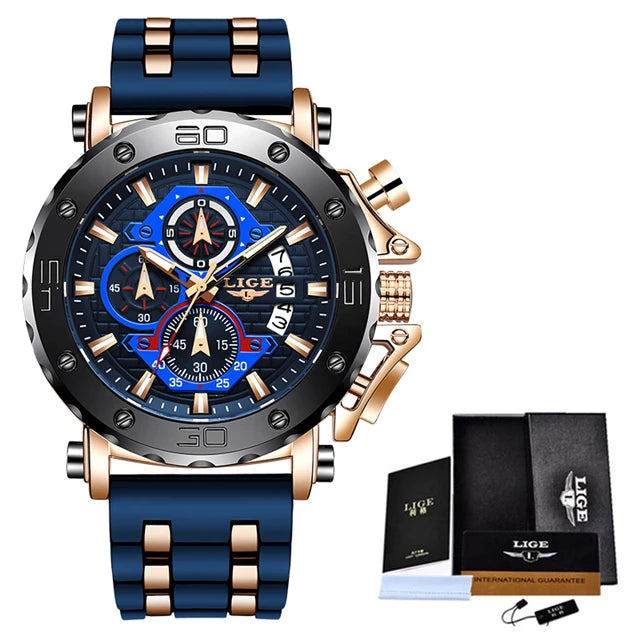 New Top Brand LIGE Mens Watches Fashion Sport Leather Watch Man Luxury Date Waterproof Quartz Chronograph Relogio Masculino+Box