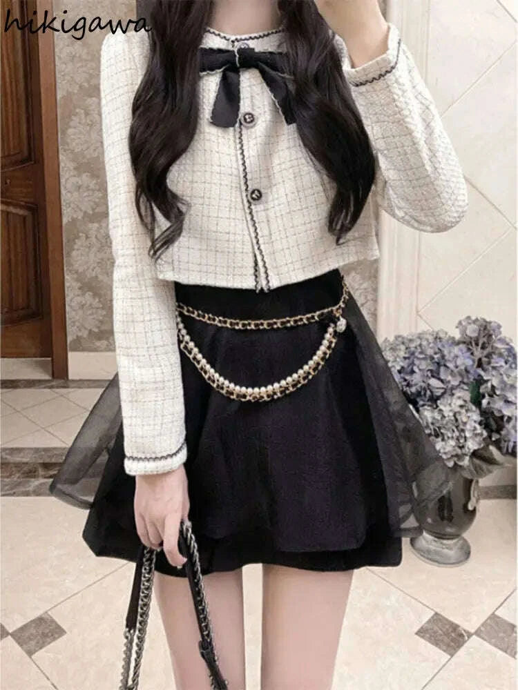 KIMLUD, Temperament Two Piece Stes Women 2025 Ropa Mujer Bow Lang Sleeve Jackets Mini Pleated Skirt Outfits Fashion Sweet Y2k Clothes, KIMLUD Womens Clothes