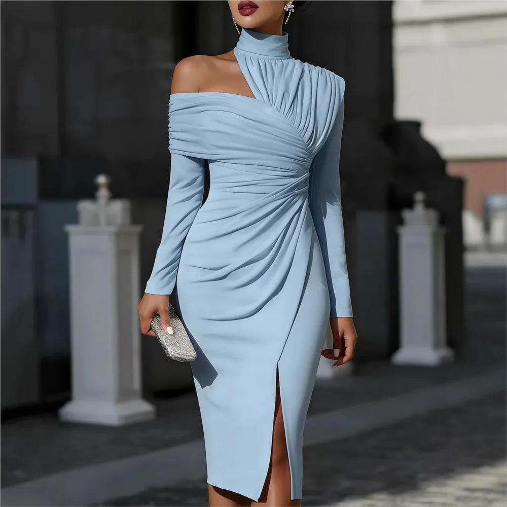 Off-Shoulder Pleated Banquet Dress With Half-High Collar Slit Long Sleeves — Black | KIMLUD