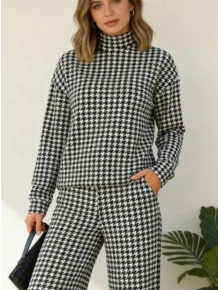 Houndstooth Half High Neck Top Pant Suit Women Color Blocking Full Sleeve Oversized Tops Leg Loose Pants Sets Lady Spring Set