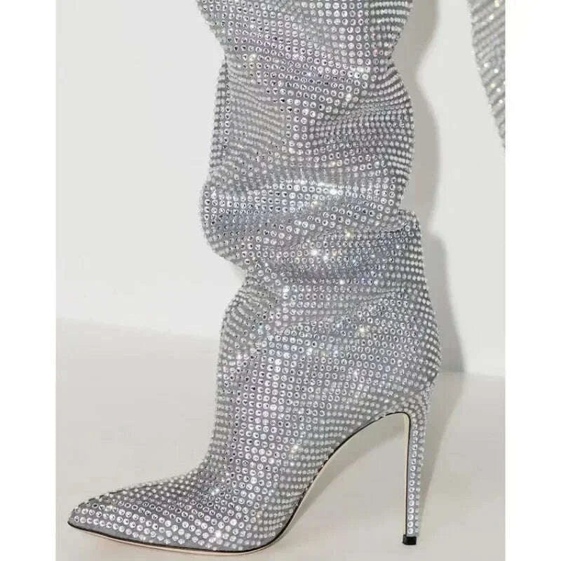 KIMLUD, High quality European and American knee length rhinestone pile boots for women's sexy slim high heeled pointed runway boots, KIMLUD Womens Clothes