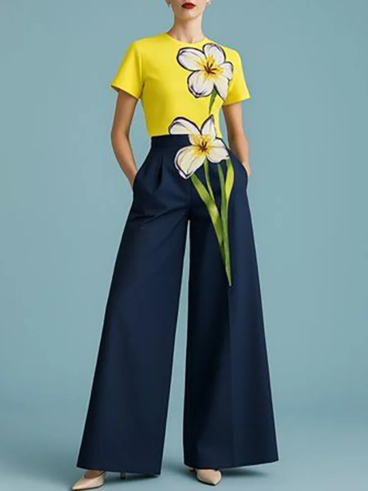 Floral Printed Matching Sets Elastic High-Waist Wide-Leg Pants — Yellow | KIMLUD