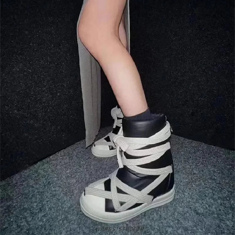 Mid Calf Boots – Platform Cross Tie – PU Upper – EVA Sole | KIMLUD