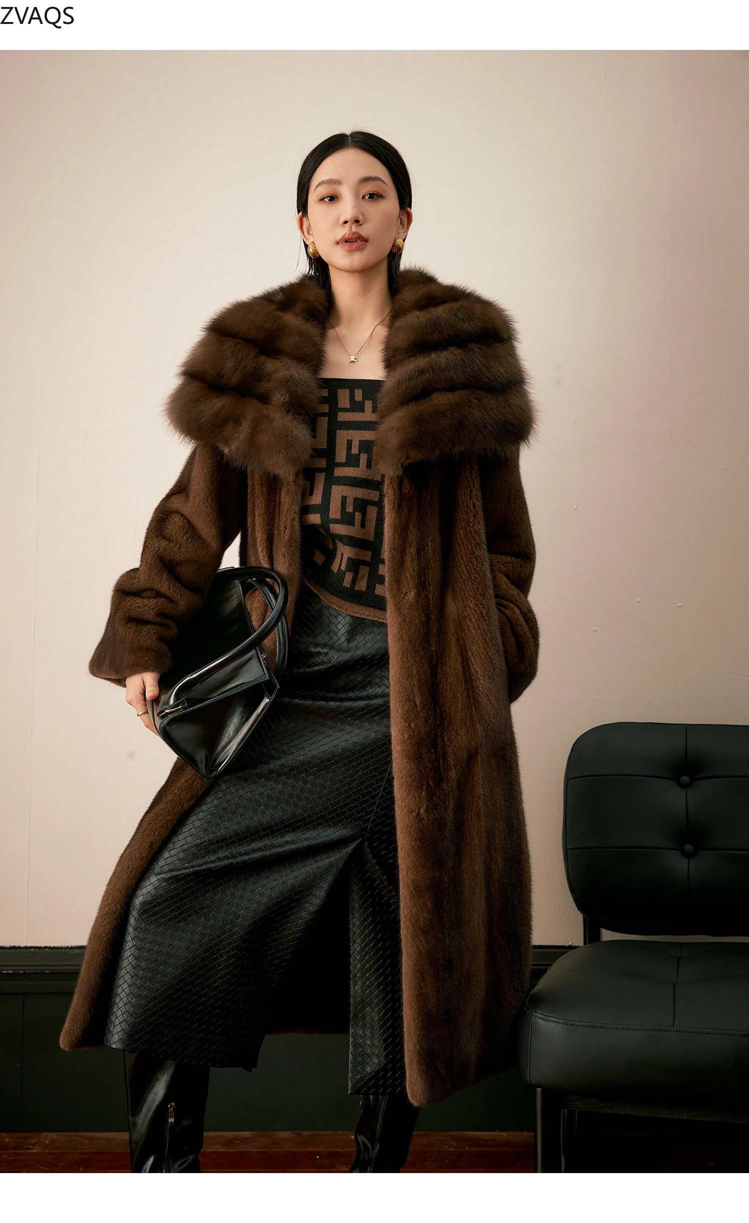 ZVAQS Natural Coffee Mink Fur Coat Women Fashion Long Fur Jacket Winter Luxury Clothes Old Money Style Outerwears 2024 Fourrure
