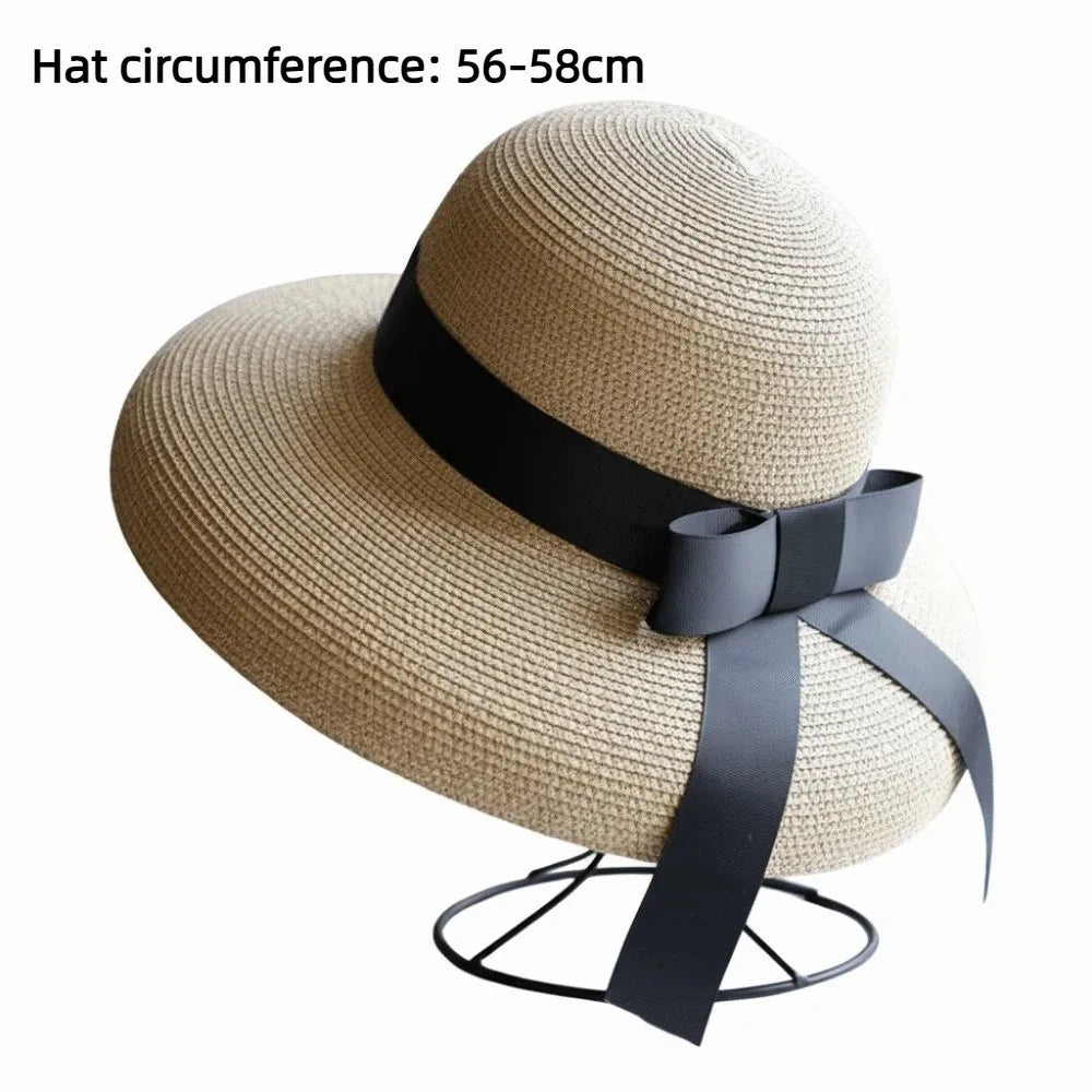 Vintage Breathable Straw Wide Brim Hat — Black | KIMLUD