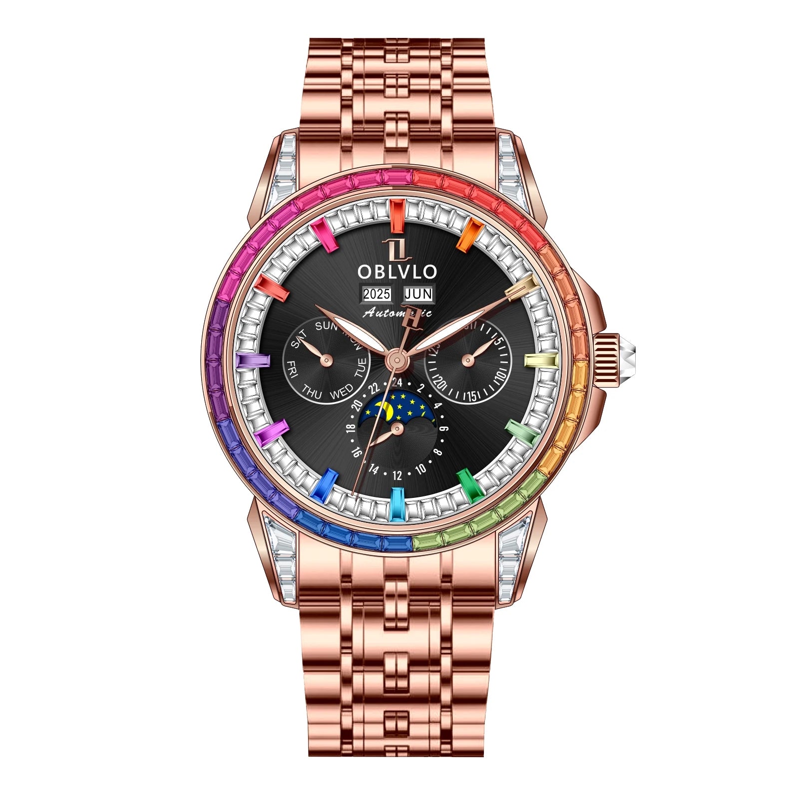 Moonphase Automatic Leather Strap Watch Complete Calendar — Red | KIMLUD