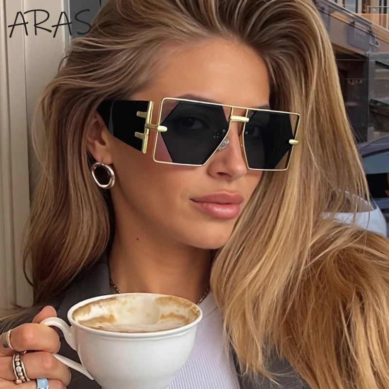 Steampunk Sunglasses Rectangle Hexagon Frame Hollow Alloy — Gold | KIMLUD