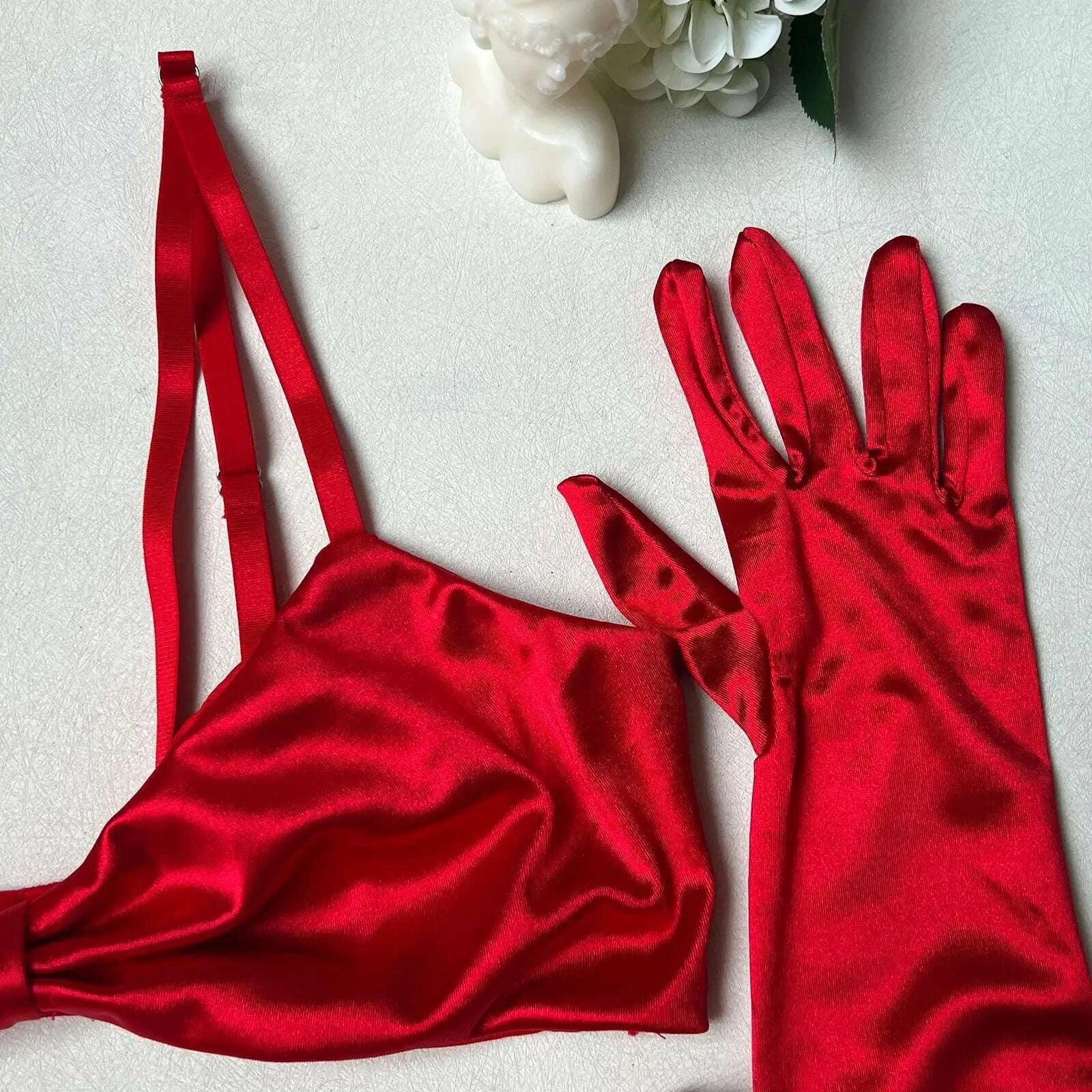 KIMLUD, Ellolace Christmas Lingeries Sexy Hot Elegant Satin Bra Thong 2PC with Gloves Romantic Wedding Intimate Lingerie For Ladies, KIMLUD Womens Clothes