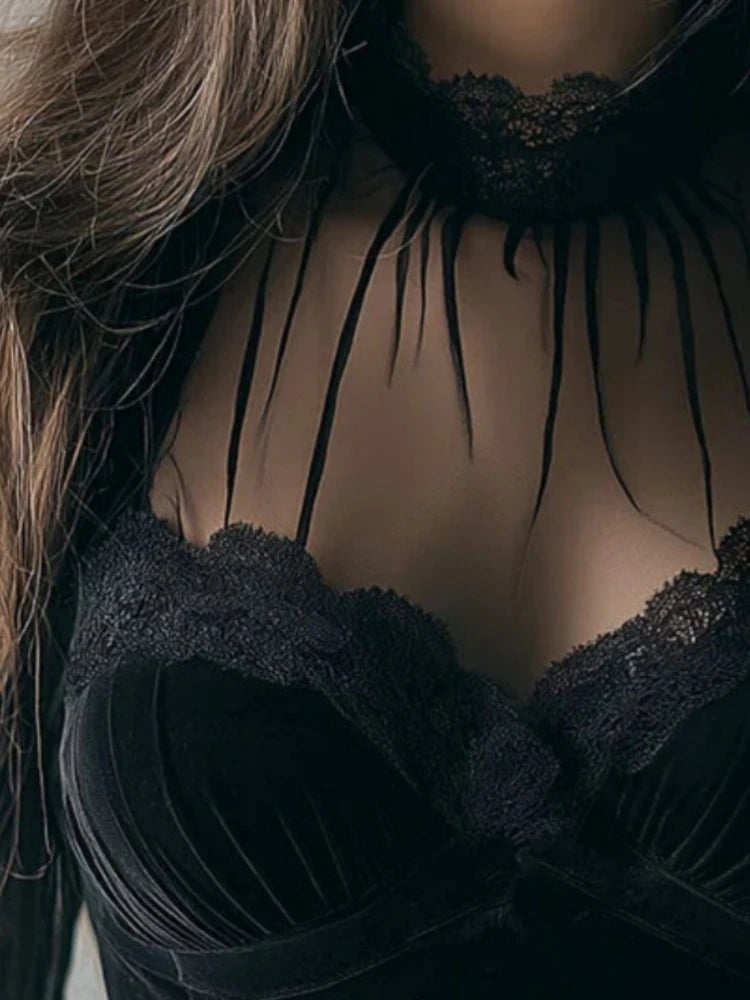 Blouse – Lace Patchwork – Velvet – Black | KIMLUD