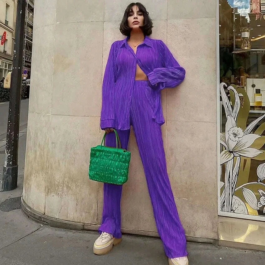 KIMLUD, 2023 Spring Summer Best Seller Solid Color Draped Loose Fit Smooth Pleated Women's Casual 2-Piece Set Stock Available, KIMLUD Womens Clothes