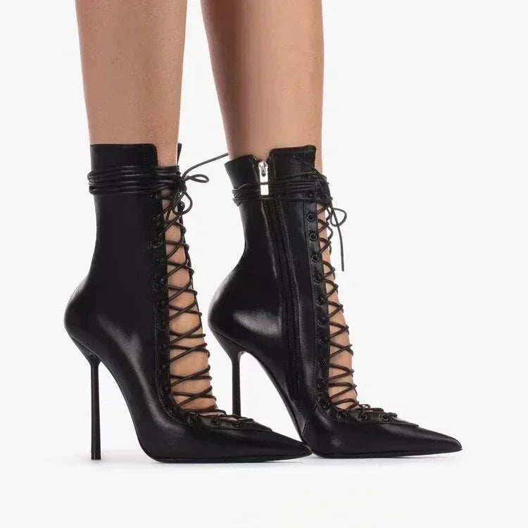 Mesh Leopard Cross Tie Knee-High Boots — Gray | KIMLUD