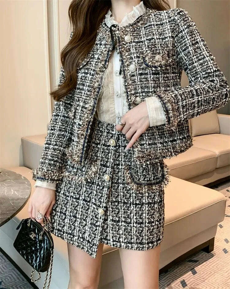 KIMLUD, 2025 Autumn Winter New Chic Two-Piece Skirt Women's Fashion Loose Burrs Elegant Sweet Tweed Jacket+Skirt Female Two-Piece Suit, KIMLUD Womens Clothes