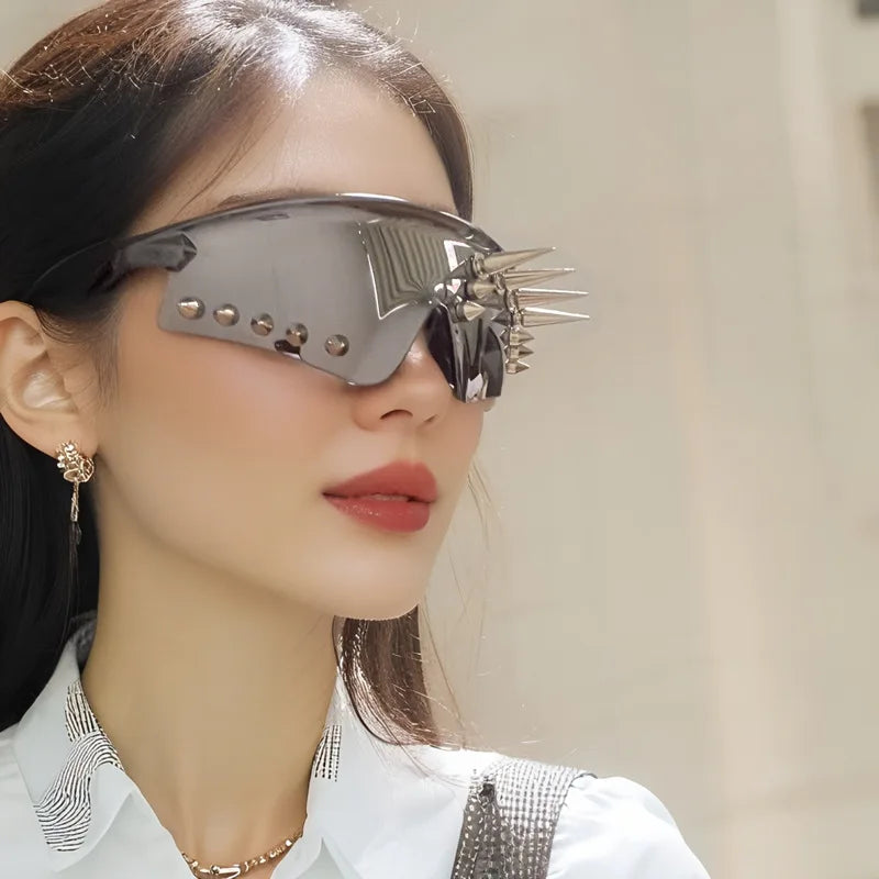 Rivet-Decor Resin Shield Sunglasses — Silver | KIMLUD