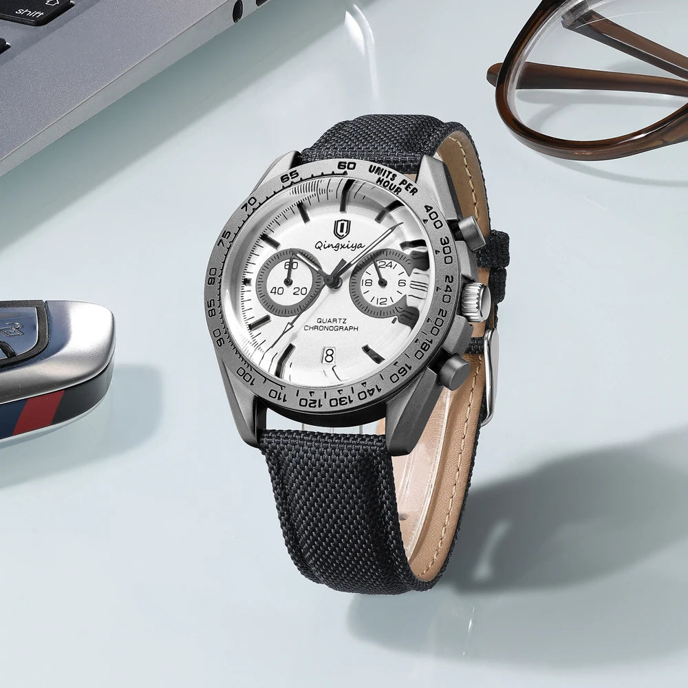 Fashion Chronograph Quartz Watch for Men Sports Leather Strap Waterproof Luminous Calendar Luxury Mens Watches Relogio Masculino