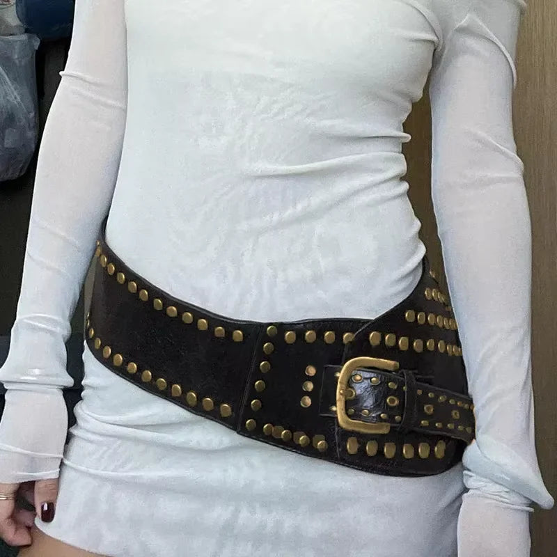 Designer belt Vintage Punk Studded Belt Chain Y2K Metal Pu Western Cowboy Wide Waistband Waist Belts Sexy Hiphop Men Skeleton B