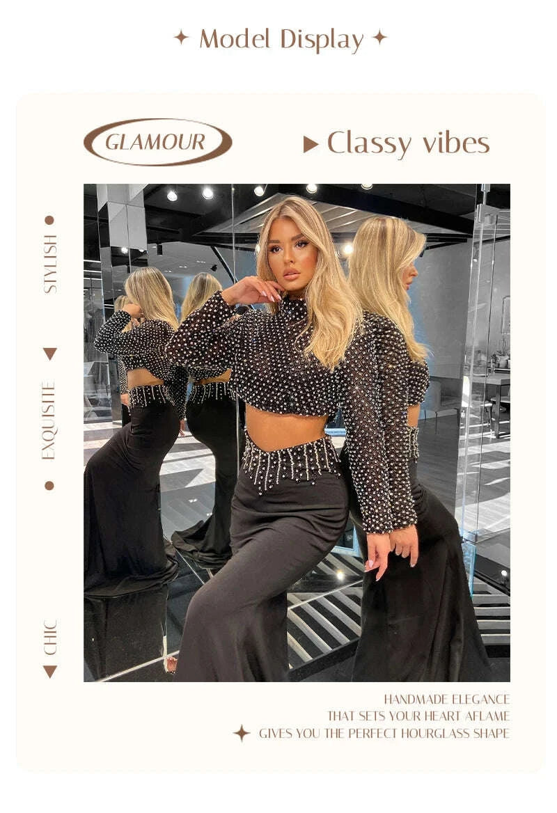 KIMLUD, VC Glam Black Long Sleeves Beaded Crop Top & Mermaid Skirt Two Pieces Dress Set for Evening Glamour Gown, KIMLUD Womens Clothes