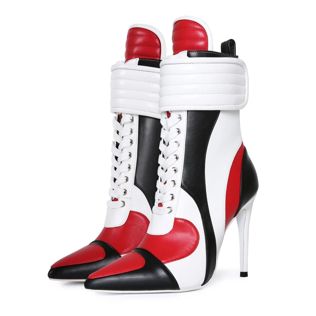 Ankle Boots – Color Block Lace Up – Pointed Toe Stiletto – PU | KIMLUD